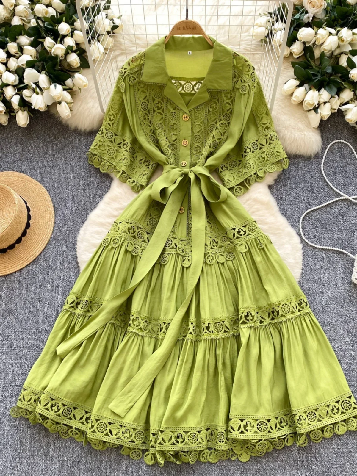 Luxury Hollow Out Midi Dresses Shirt Women Summer Holiday Elegant Single Breasted Button Lace Belt Embroidery Party Long Vestido