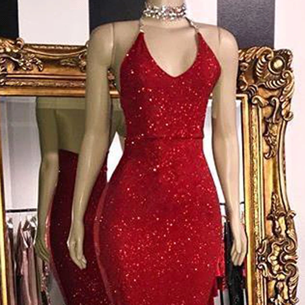 Sexy Backless Halter Sparkly Red Sequined Evening Dresses For Women 2023 Mermaid Robe De Soiree Prom Gown Wedding Party Vestidos