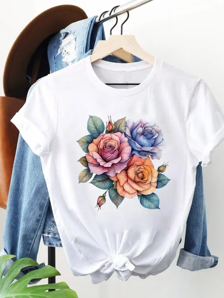 

Trend Style Flower Printing Tee Graphic T-shirts Top Print Short Sleeve Woman Casual Tshirts Fashion Women's Clothing