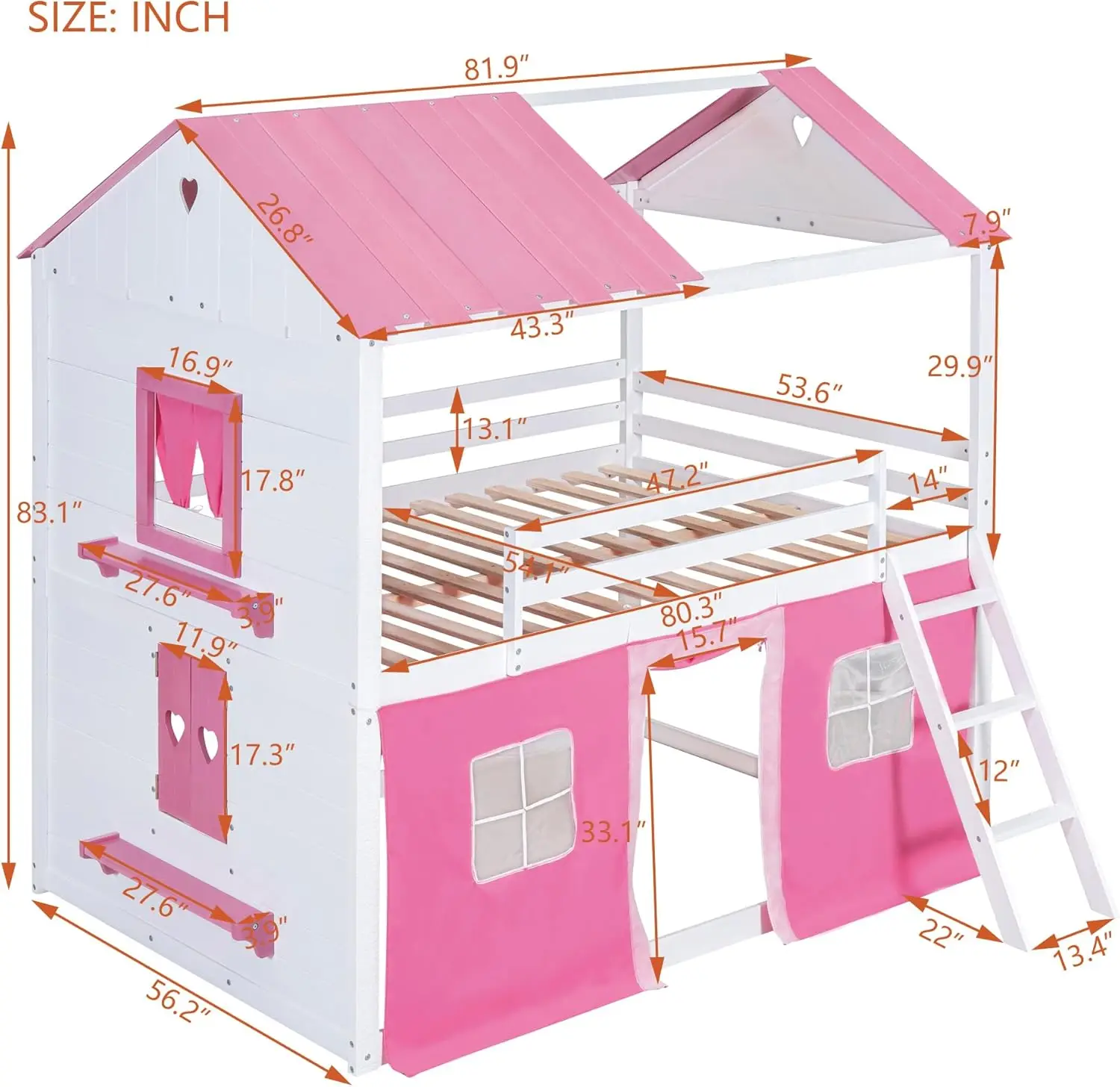 Litera doble sobre dos camas individuales de madera con elegantes ventanas, alféizar y tienda de campaña, rosa+blanco 2025, regalos de Navidad