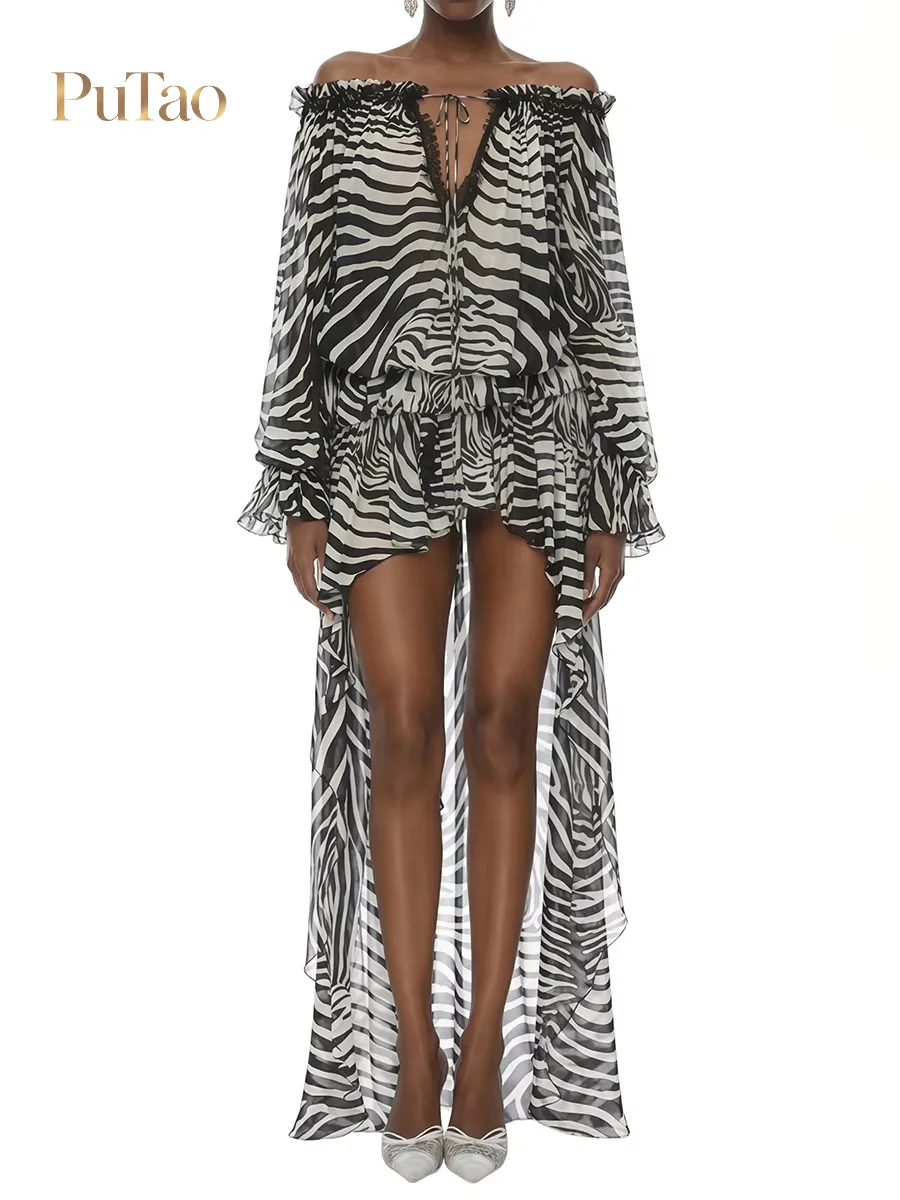 PuTao Off The Shoulder Zebra Print Chiffon Dress Long Sleeve High Low Hem Ruffle Long Maxi Beach Vacation Cocktail Party Dress