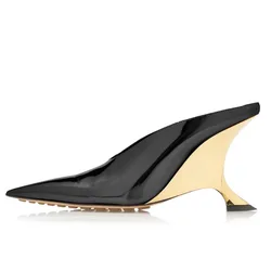 Pointed Strange Heels Sandals Women Gold Shallow Designer Slippers Fashion Wedge Sandals Female Patent Leather Sexy Pumps Women