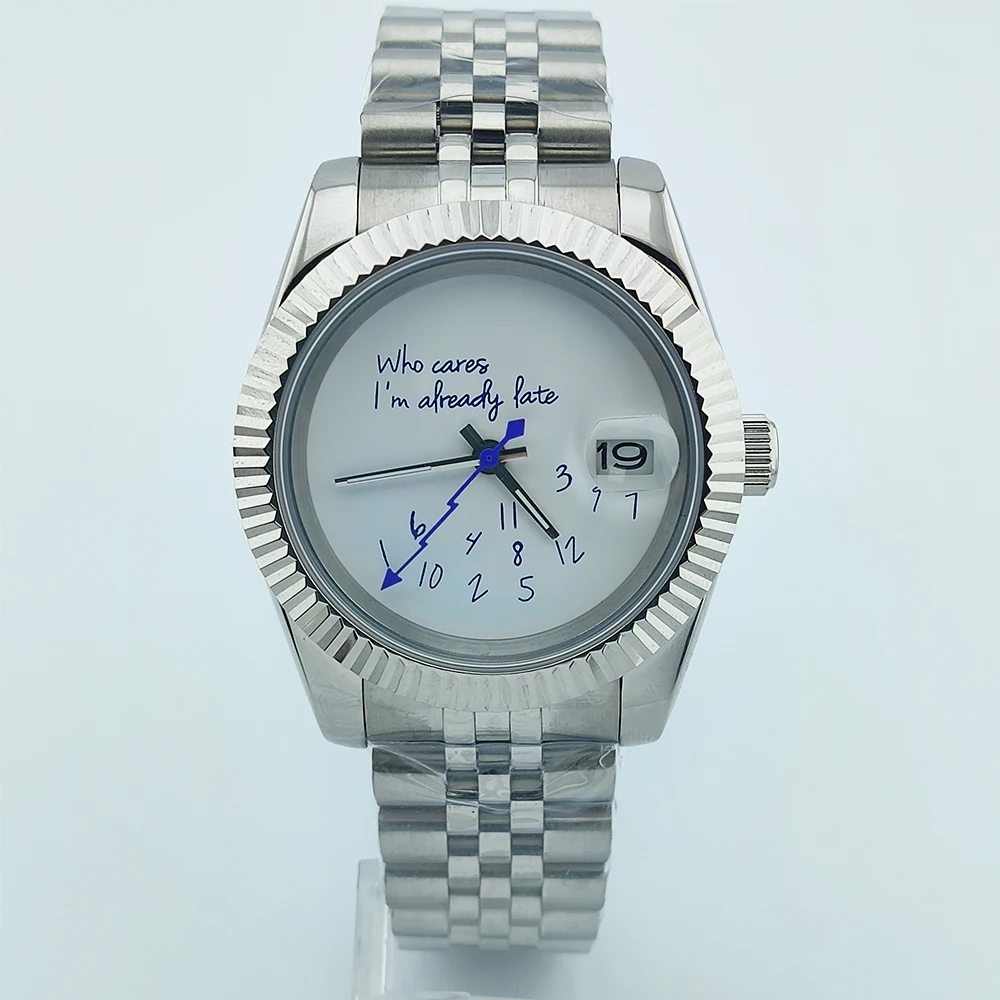 NH35 Watch Who cares im already late Watch 36mm/39mm No Logo Blue Text Matte Dial Sapphire Crystal Glass NH35 Automatic Movement