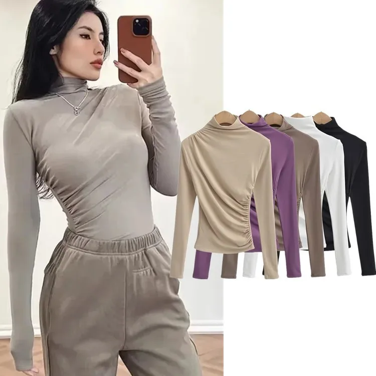 Sexy plissado base cabida irt f gola alta elástica fce forrado camiseta feminina faionable busin longo sve poliéster