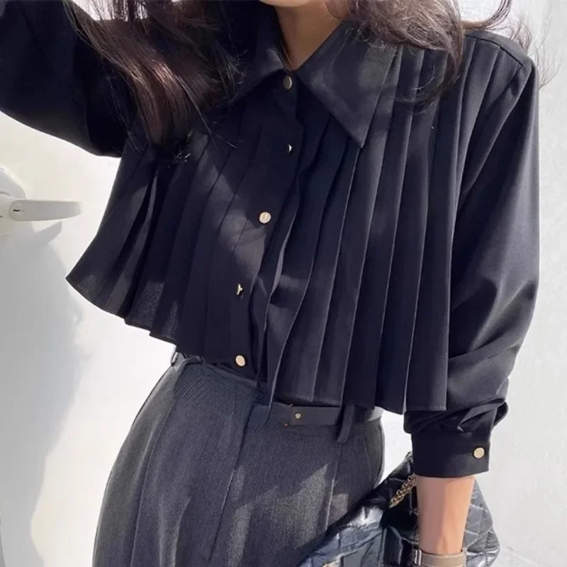 Neploe Elegant Lapel Neck Single Button Blouses 2024 Autumn Loose Pleated White Shirts Women Y2k Long Sleeve Blusas Mujer