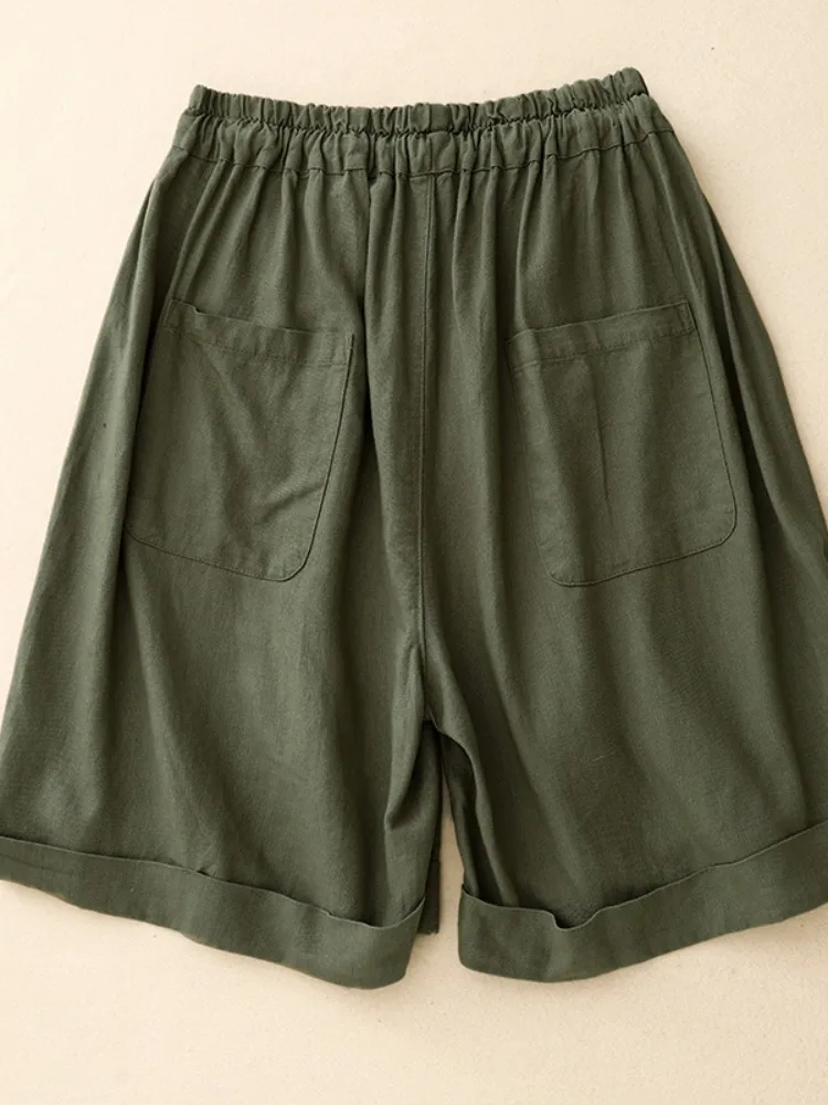 Artístico cor pura simples algodão linho perna larga ort calças femininas verão solto versátil casual algodão com punho calças de cinco quartos