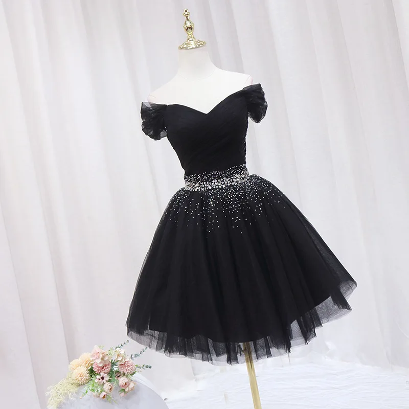 Black Short Evening Dresses Elegant Off The Shoulder Sequin Tulle Ball Gown Dress Lace Up Simple Vestido De Noche Customized