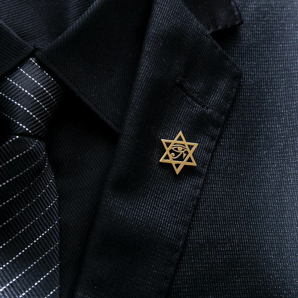 Tangula Jewish Star of David Brooch for Men Stainless Steel Egypt Eye of Ra Amulet Badge Pin Jewelry Groom Wedding Accessories