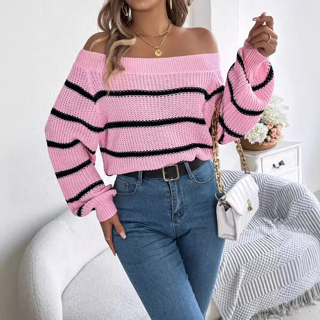 Europe and America Fashion Striped Sexy Off-the-shoulder Pullover Sweater, Spell Color Casual Loose Lantern Sleeve Sweater Women