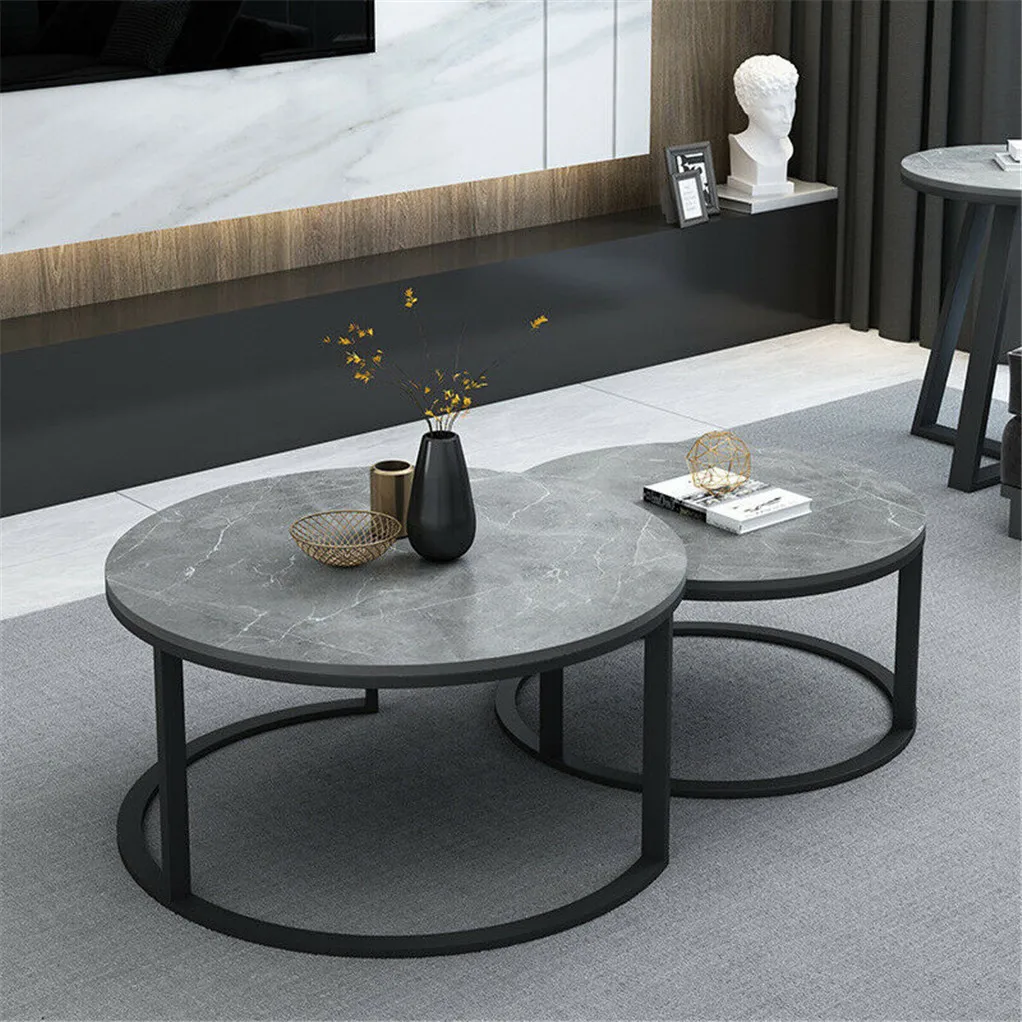 Marble Round Nesting Coffee Table, Side End Table, Accent Table, Metal Legs, Waterproof, Set of 2