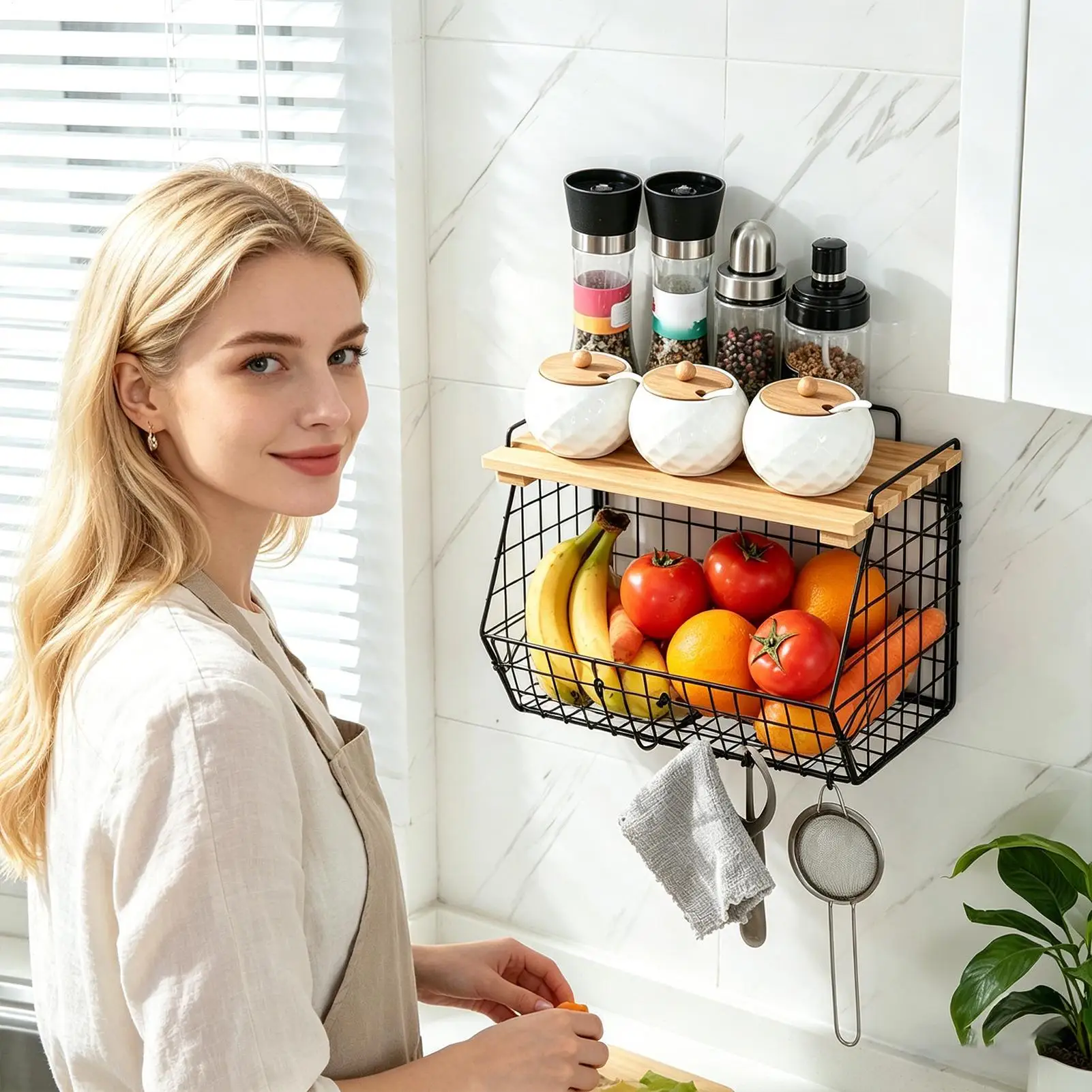 

Wall Mounted Wire Basket Stackable Under Sink Iron with Wood Lid Wire Organizing Bin for Produce Potatoes Fruits Snacks