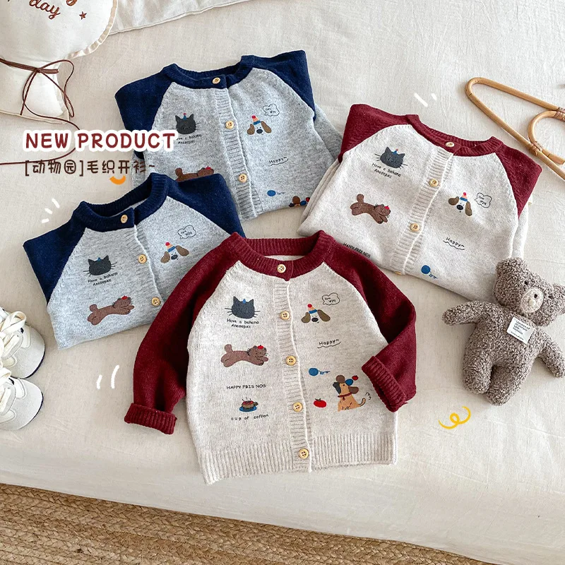 

Children's Cartoon Knitted Sweater 2025 New Winter Girls' Color Blocked Cardigan Baby Cat Dog Korean Version Romper