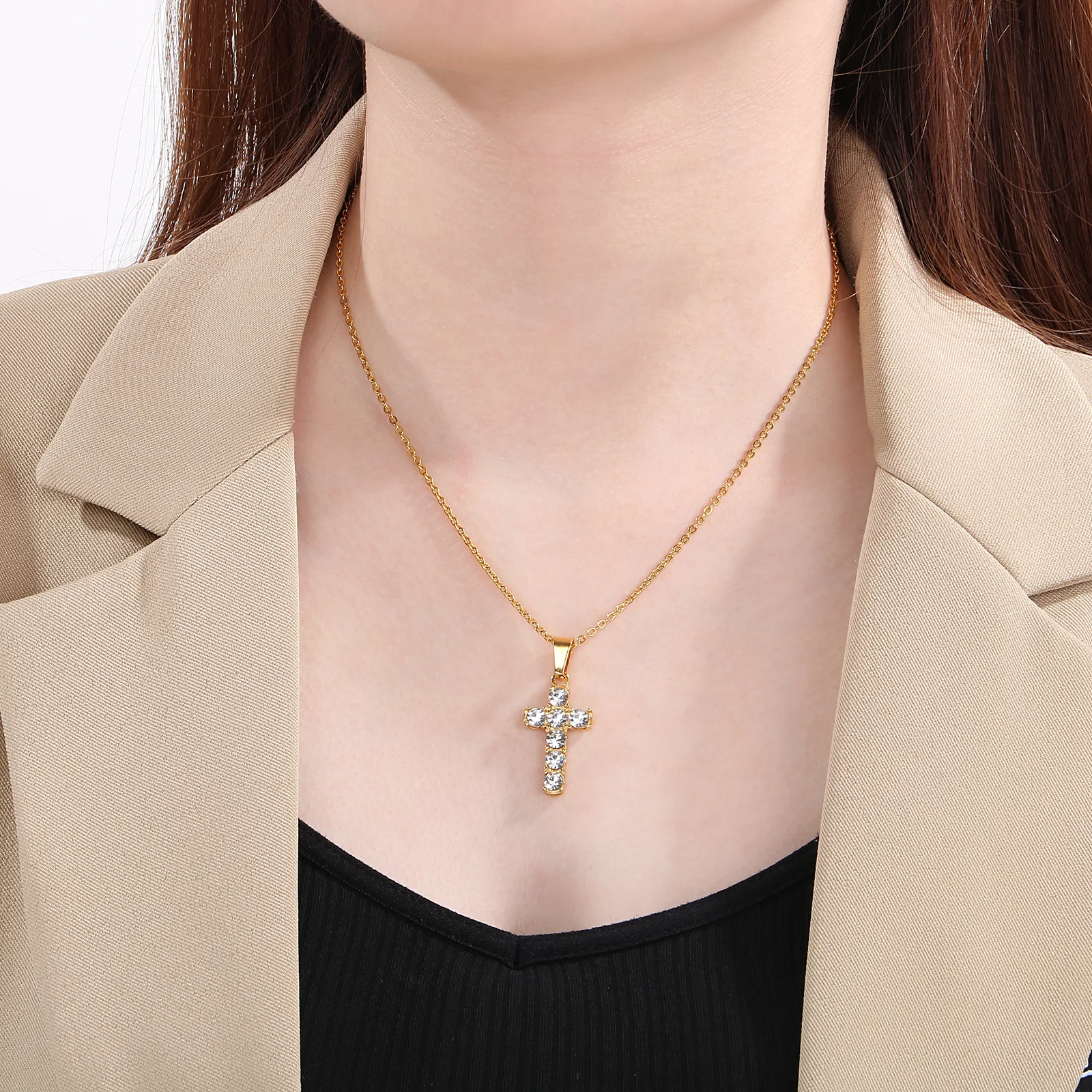 Zirconia Cross Religious Style Charm Pendant For Women Stainless Steel Gold Plated Inlaid Jewelry Necklace Bracelet Accessories