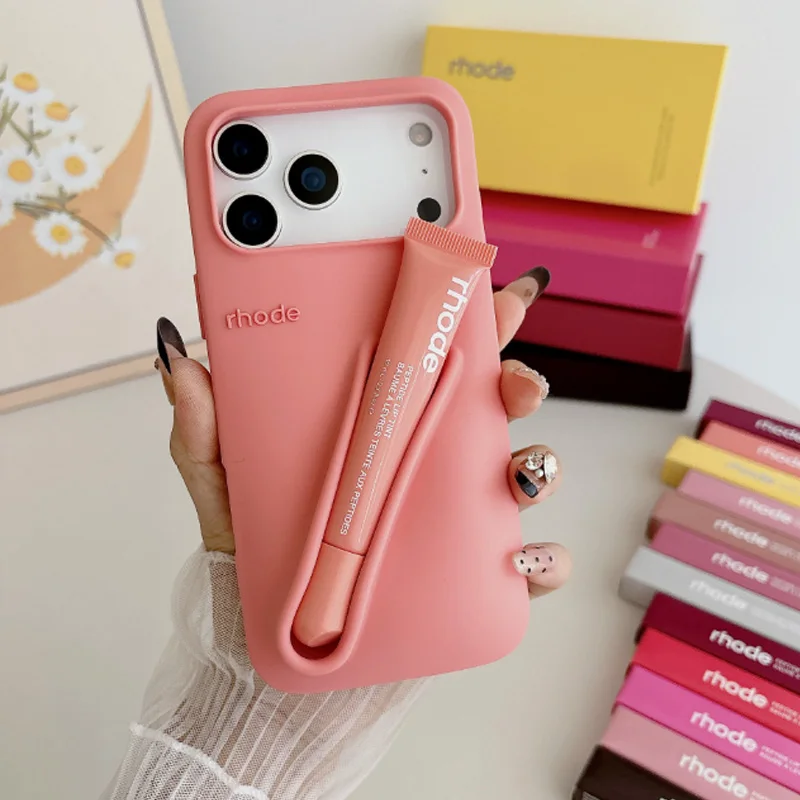 Populaire Rhode Lipglosshouderhoes voor iPhone 18 17 Pro Max Air 14 15 16, anti-val siliconen stijlvolle dagelijkse must-have accessoire