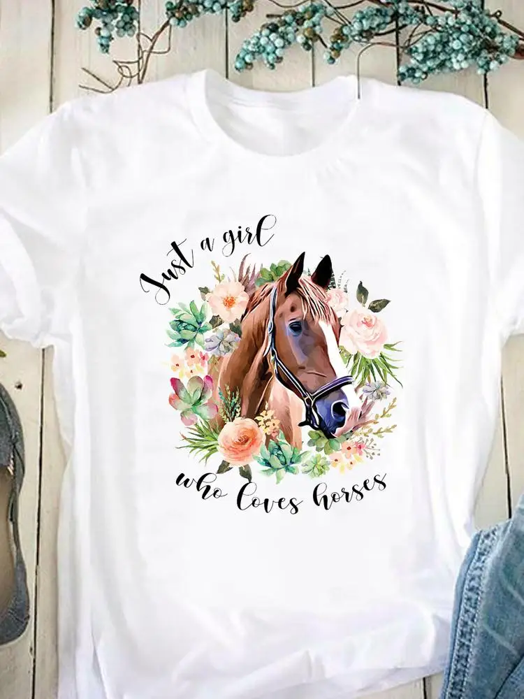 

Letter Horse Love Trend Summer Casual Clothing Graphic T Shirt Short Sleeve Women Print Fashion Clothes Tee T-shirt Female Top