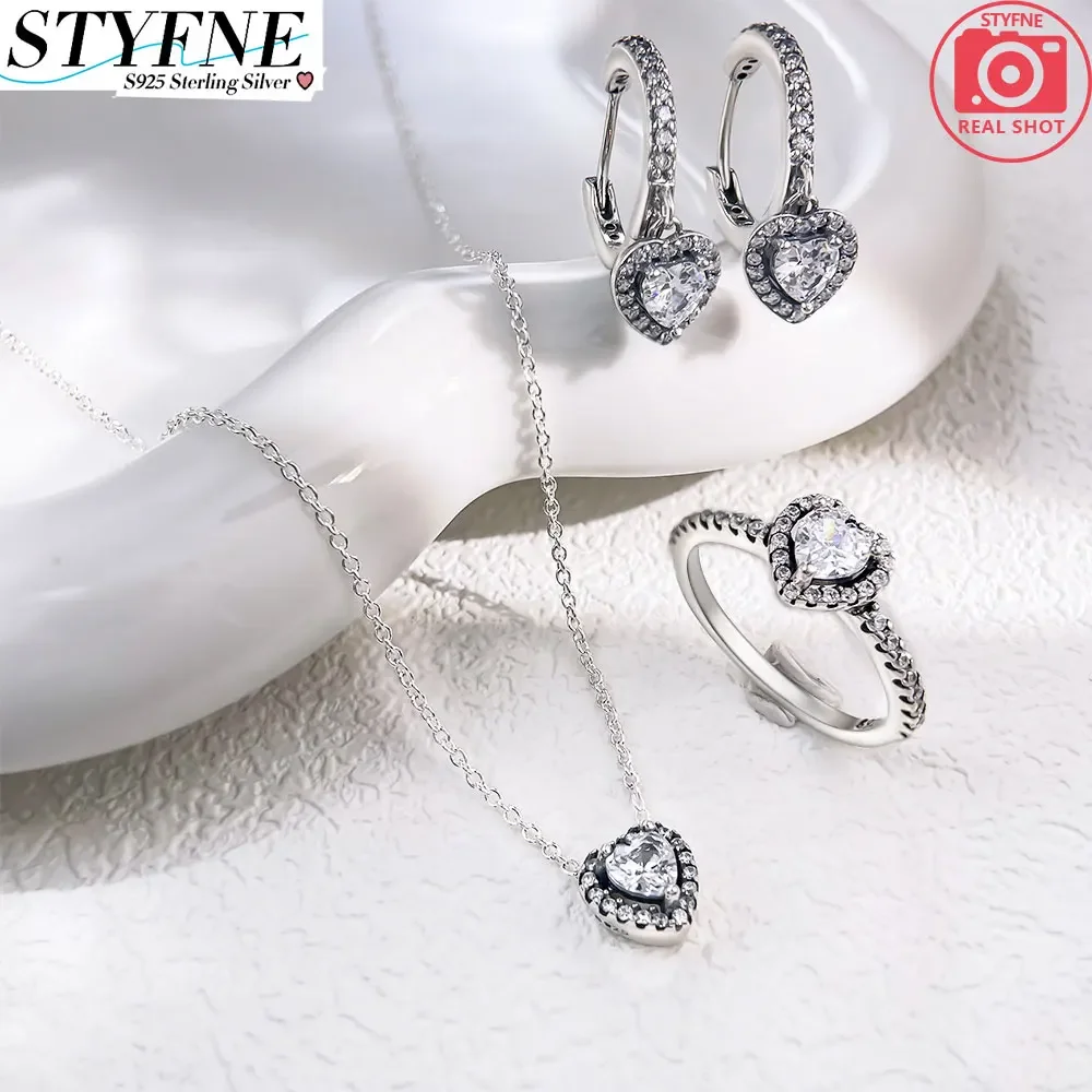 925 Sterling Silver White Shiny Love Diamond Zestaw biżuterii Seria Pierścionek Naszyjnik Kolczyki dla kobiet Słodki butik Biżuteria Prezent