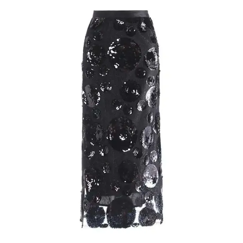 

HUISONG High Elastic Waist Black Sequin Skirt Floral Mesh Slit Elegant Half-body Skirt Women Fashion Tide New Spring Autumn 2025
