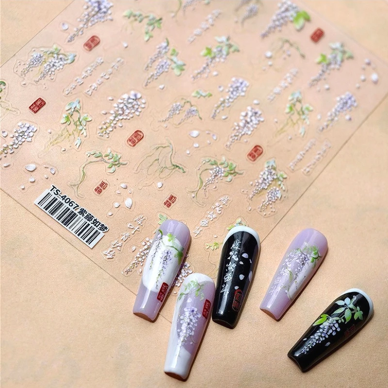 

Chinese Style Green Branches Wisteria Flowers Waterfall 3D Self Adhesive Nail Art Stickers Lily of The Valley 5D Manicure Decal
