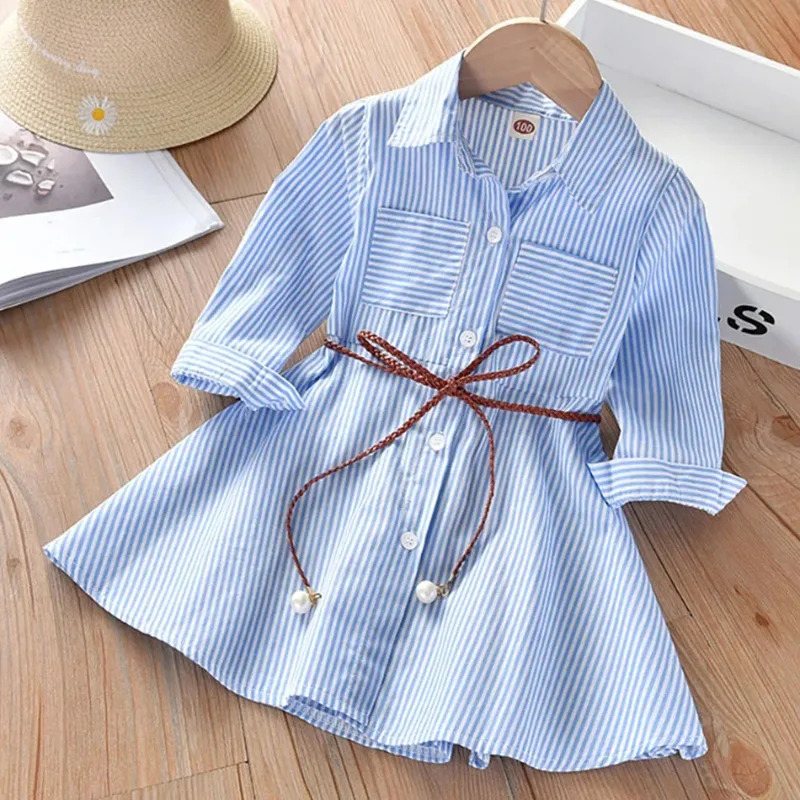

2025 Girls Fashion Clothes for Spring Autumn Striped Shirt Design with Belt Stylish and Comfortable Dress Girls Casual Dresses