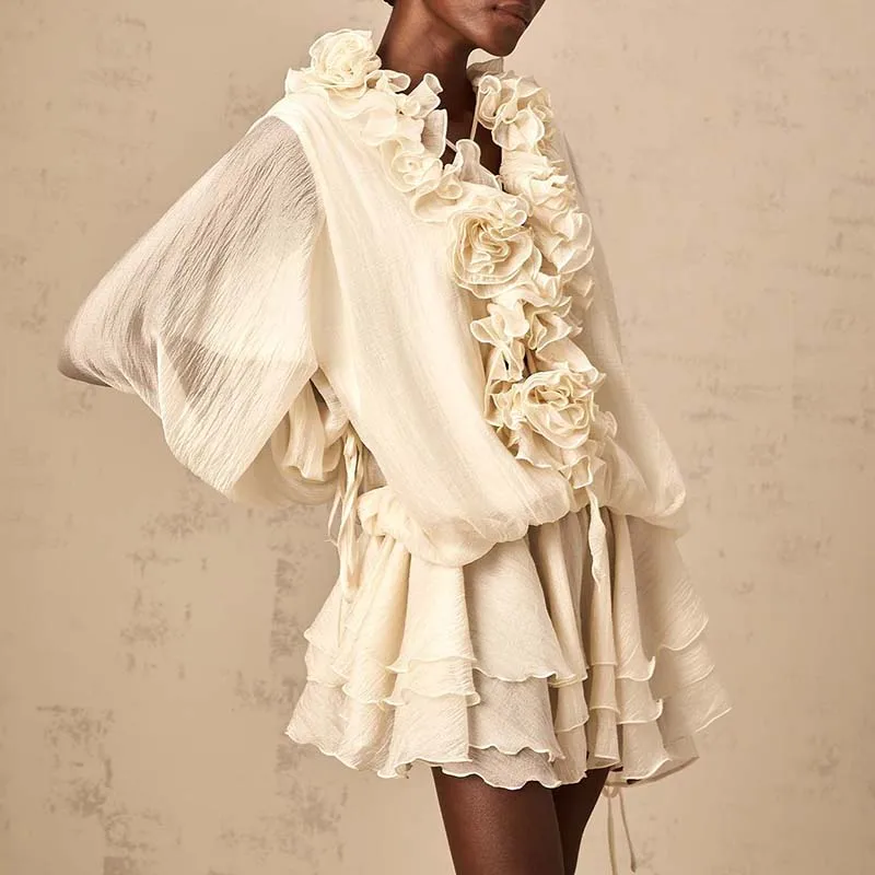 Vestido de fiesta liso informal para mujer, minivestido elegante con cordones y retazos de flores a la moda, vestido acampanado con volantes y manga acampanada con cuello en V