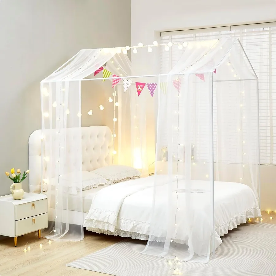

House Bed Canopy Bed Curtains with LightsMontori Floor Bed Canopy for Girls Boys Four Poster Bed Curtains House Bed Decoration