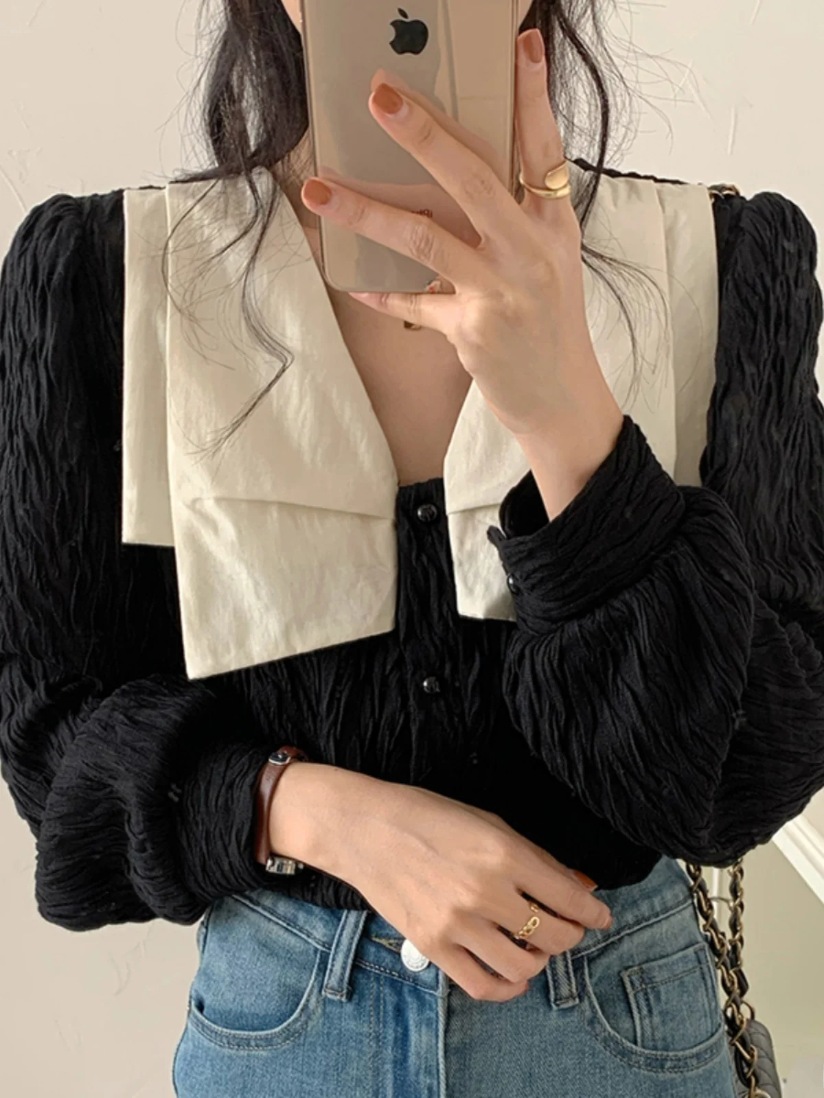 Ele Bla Long Sve V-Ne Women's irt Korean Sle Spring Faion Casual Loose Top  Knot Detail