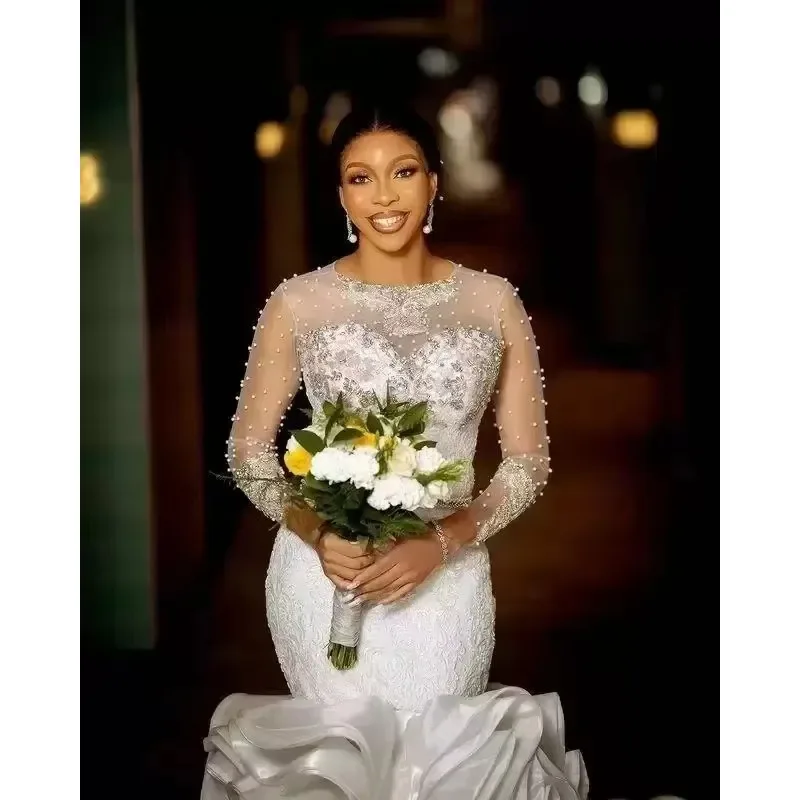 تخصيص حورية البحر الكشكشة فساتين الزفاف ثوب العروس 3/4 الأكمام الطويلة الدانتيل زين مطرز المتدرج تنورة الأورجانزا مخصص Af