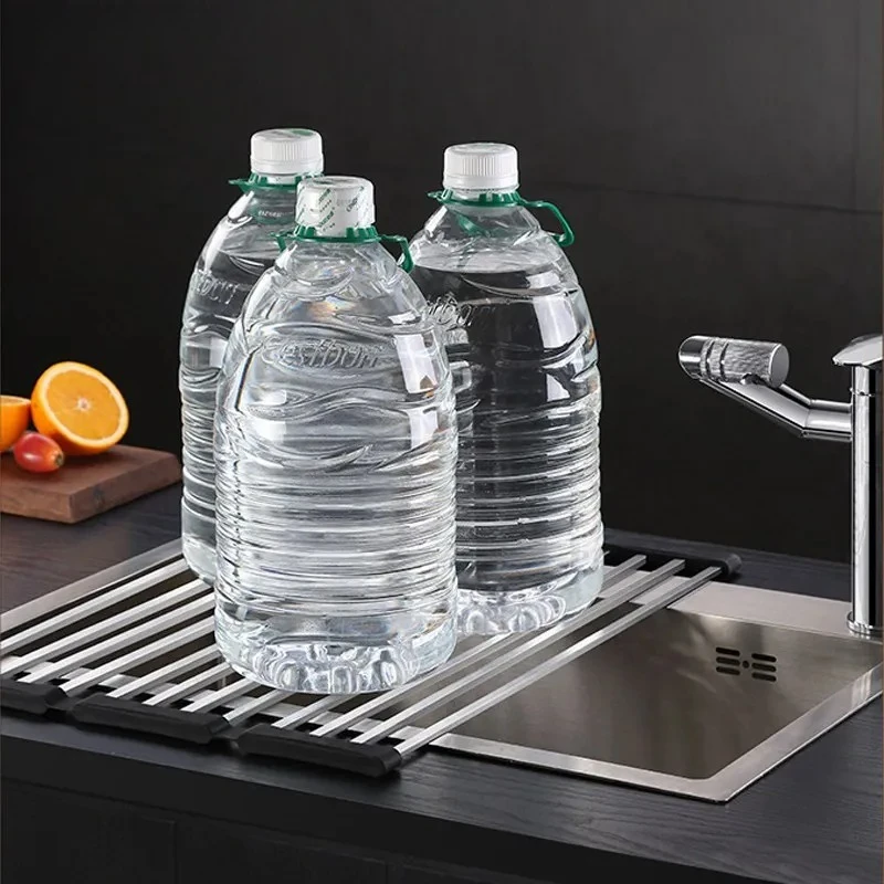Folded Dish Drain Rack for Kitchen SUS304 Steel, Sink Drying Rack, Bowl Shelf Roll-up Dish Drying Rack Over the Sink Plate Stora