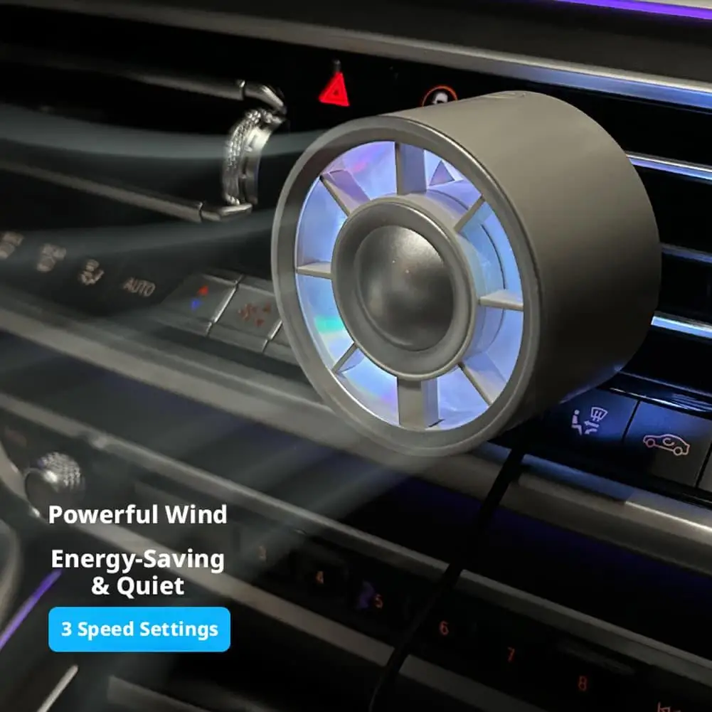 Car Air Vent Mini Fan with Colorful LED Light Quiet 360 Rotation USB Cooling Fan Portable Car Interior Cooler Accessory view 3