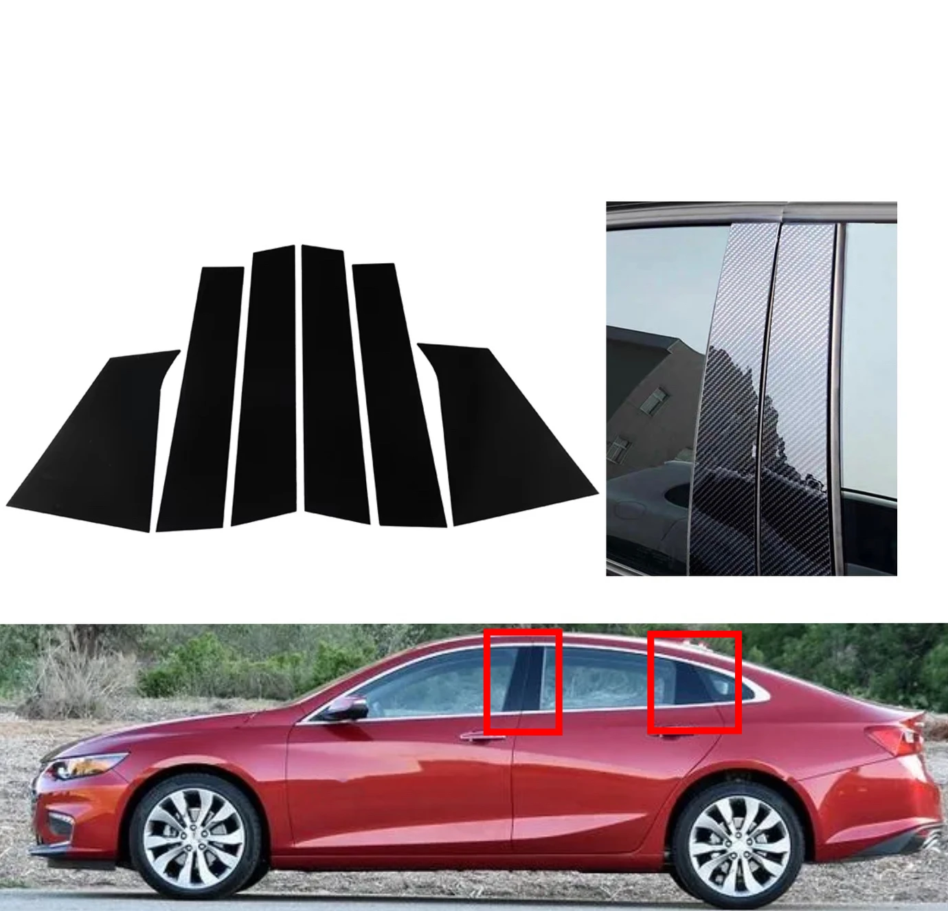 

6PCS Glossy Black Pillar Posts Fit For Chevrolet Malibu 2016-2021 Silver Carbon Window Moulding Door Trim Decor Cover Sticker