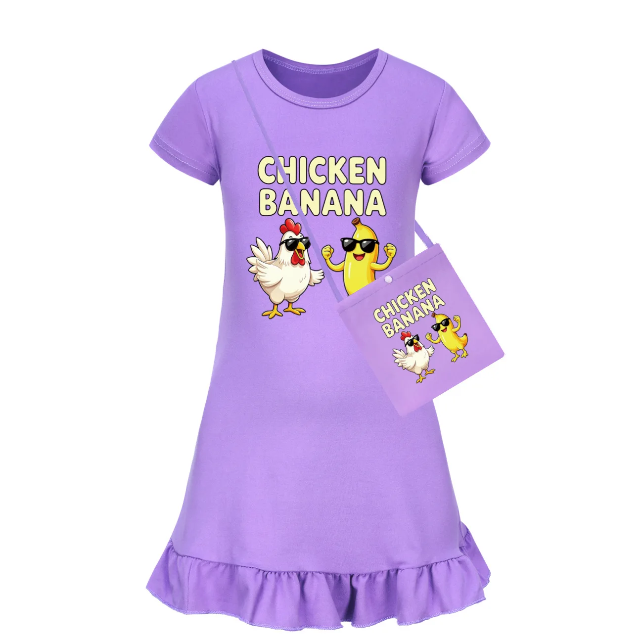 Anime Chicken Banana Cosplay Costume Baby Girls Short Sleeve Night Dress Bag Kids Straight Nightgowns Children Casual Sleepwear