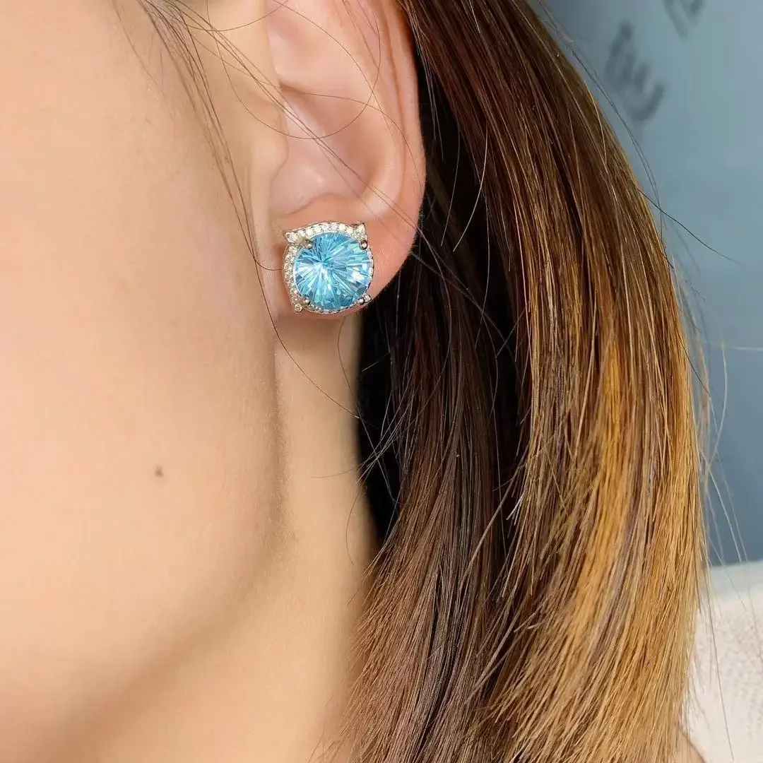 الفاخرة توباز وأقراط للحزب 3.5ct 10 مللي متر VVS الصف الطبيعي توباز أقراط الصلبة 925 الفضة الضوء الأزرق توباز مجوهرات #6