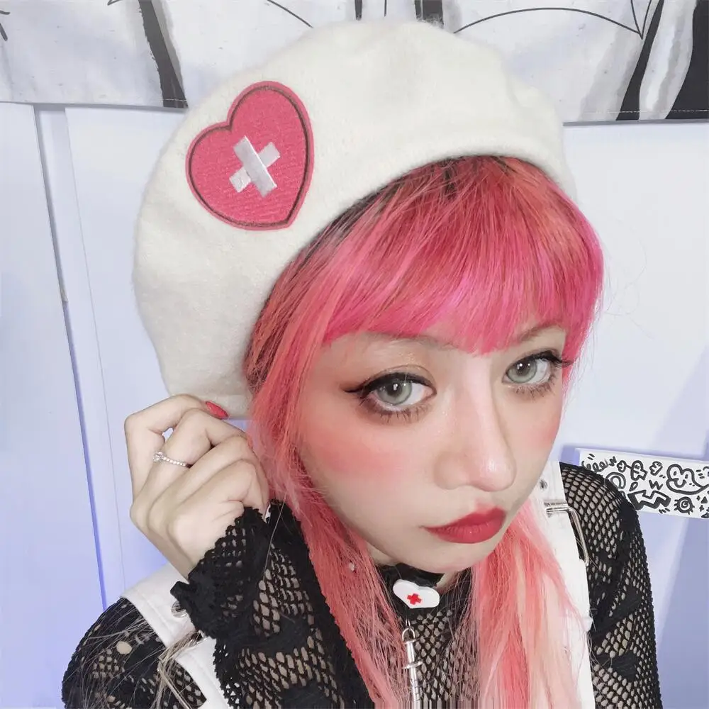 اليابانية Harajuku Y2K الألفية الساخنة فتاة حلوة فتاة ناعمة الحب الصليب المطرزة Bree قبعة السمسم الساخن