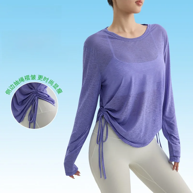 

Летняя тонкая блузка с длинными рукавами, топ для йоги, прозрачный утягивающий вид, элегантная женская футболка свободного покроя с завязками на подоле