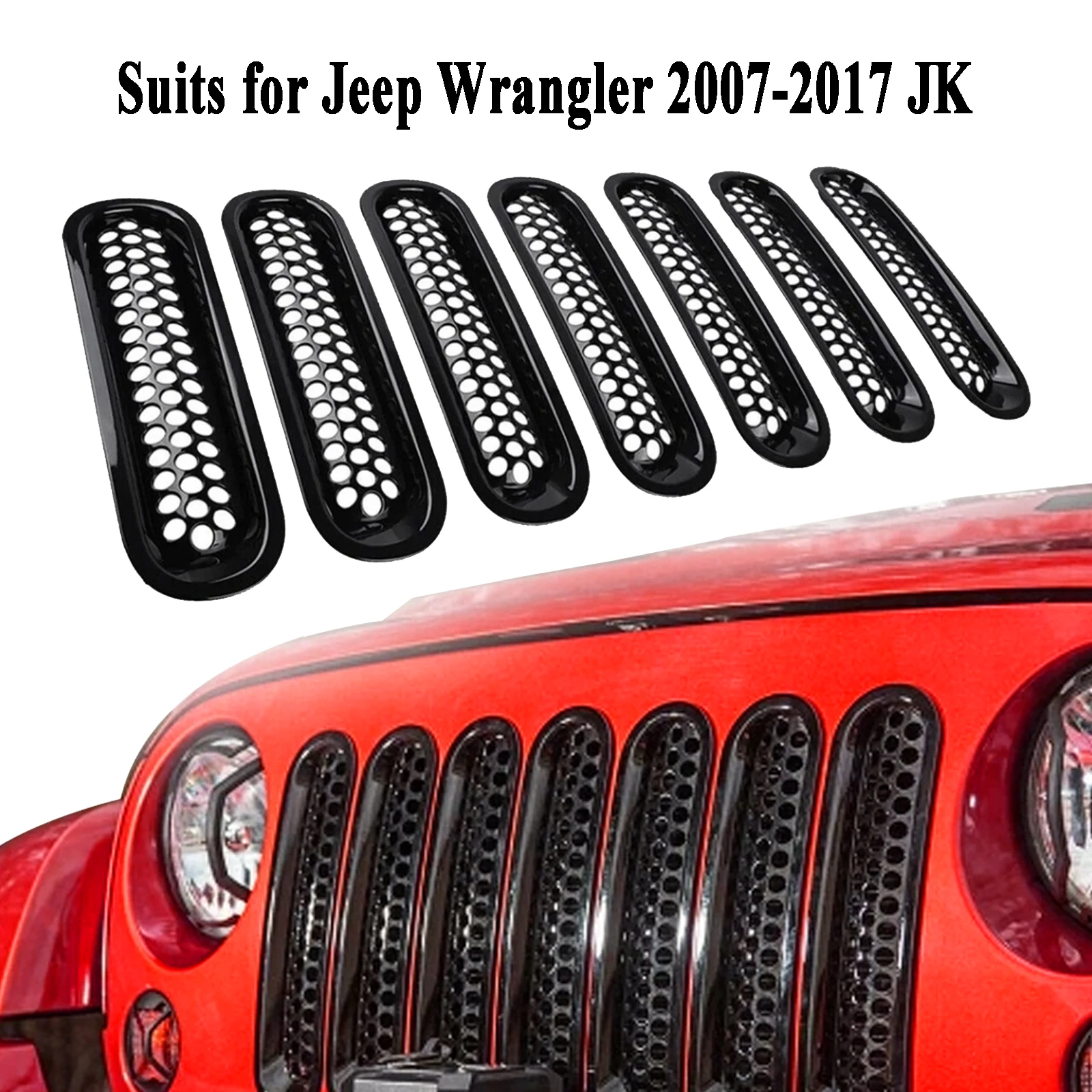 

7PCS Front Grille Inserts Grill Mesh Kit Cover Trim Stickers Replacement for 2007-2017 Jeep Wrangler JK Clip-In Round Design