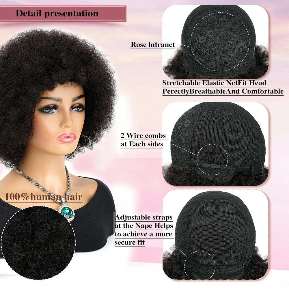 Perucas afro para mulheres negras, curtas, encaracoladas, afro, encaracoladas, macias e naturais, pretas, cabelo humano, grande, saltitante para cosplay e diariamente