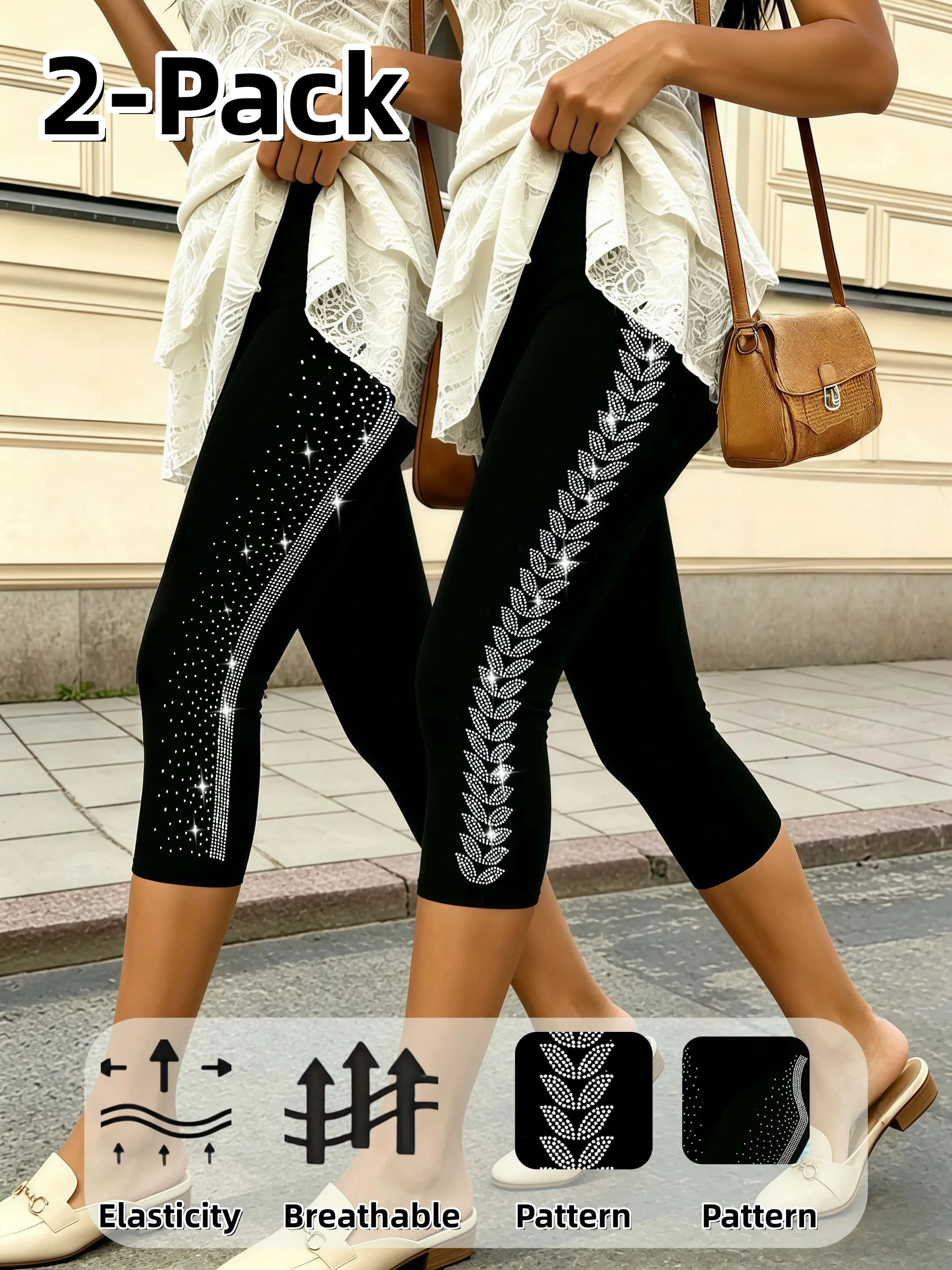 2Pack Women's Side Rhinestone Capri Leggings High Elastic Comfortable Fashionable Casual Sports Tights For Daily