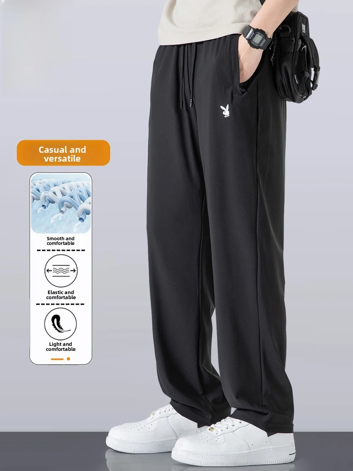 

Мужские повседневные брюки прямого кроя, летние модные спортивные брюки из ледяного шелка Qui Dry, свободные длинные брюки, молодежные брюки