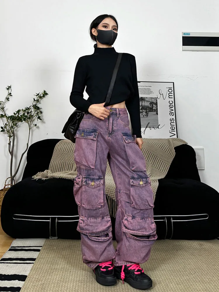 Women's Jeans High Waist Pleated 3d Multiple Pockets Straight Wide Leg Cargo Denim Pants 2023 Winter New Fashion