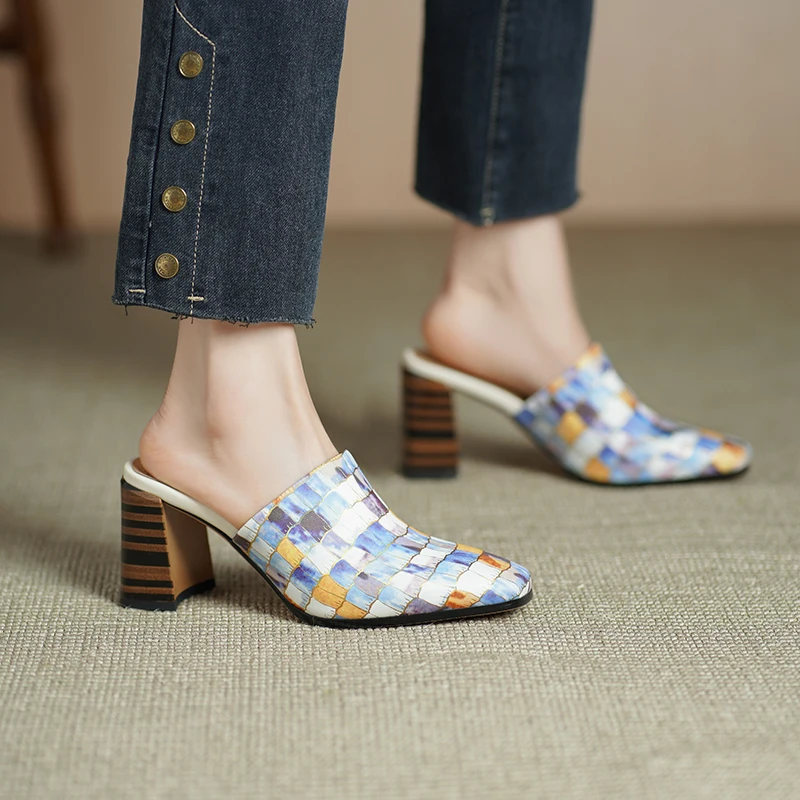 

Genuine Leather Cowhide Women's Shoes,Fashion Square Toe Mules Women Slippers,Summer Womens Heels Sandals
