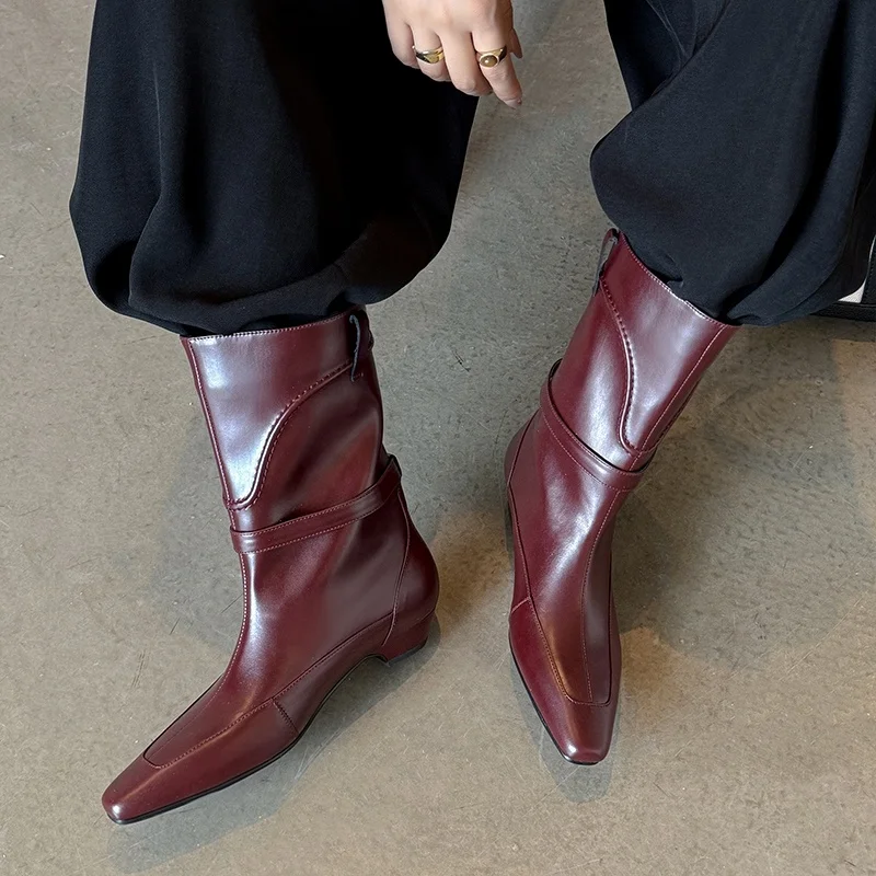 

2025 Ins New Sheepskin Boots Handmade Square Toe Chunky Mid Heel Autumn Winter Ankle Boots Fashion Office Dress Women's Shoes