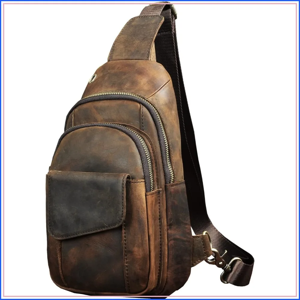 

Men's Outdoor Hiking Crossbody Sling Bag Leather Shoulder Strap Backpack Casual Travel Chest Bag