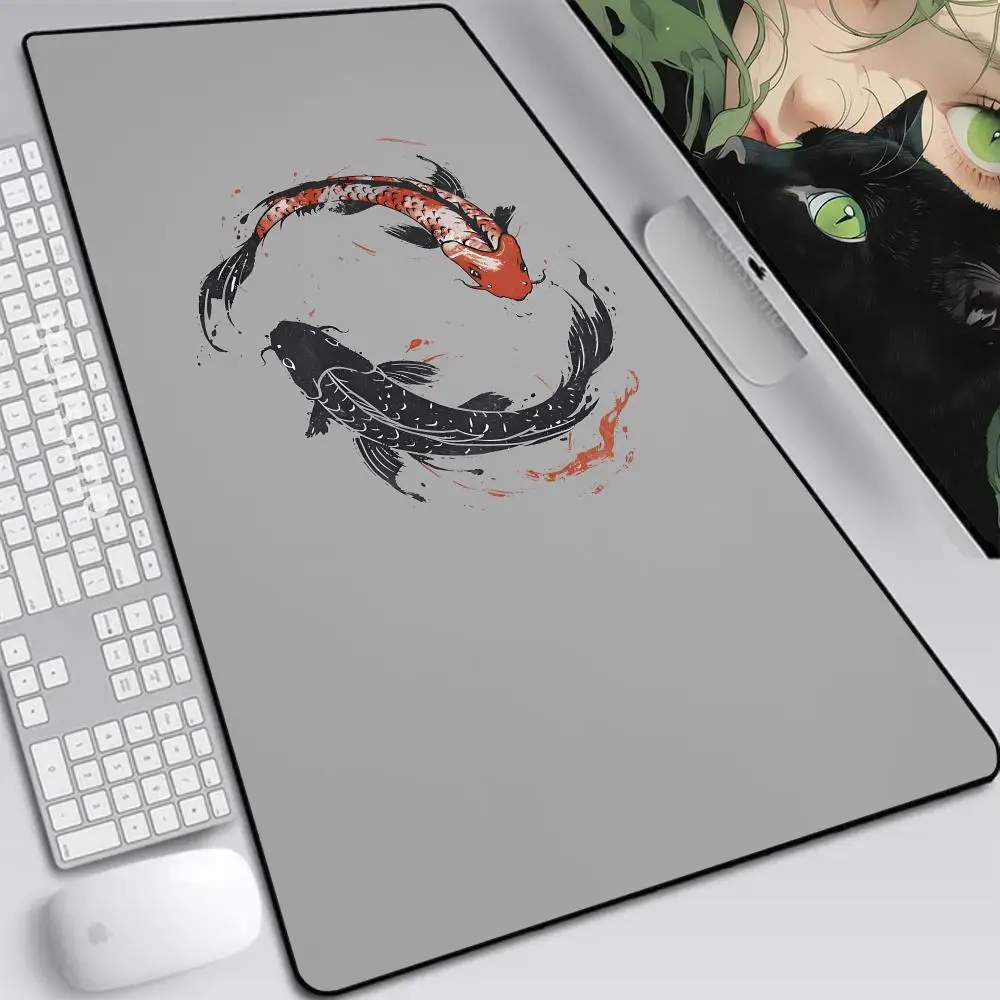 

Japanese Desk Mat Black White Mouse Pad Koi Fish Japan Art Seal Yin-yang fish Large XXL Gaming Deskmat Rubber Mousepad 1200x600