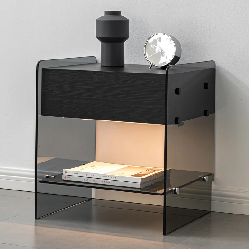 

Italian minimalist tempered glass smart bedside table Nordic light luxury living room side few modern simple bedside lockers