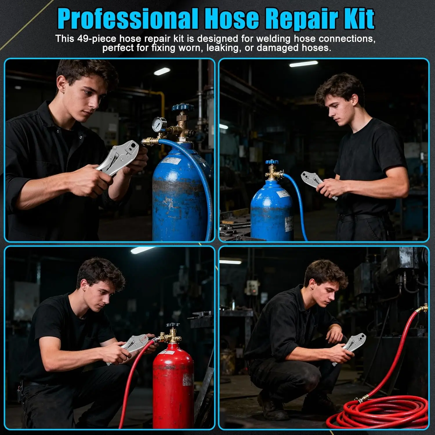 طقم تصليح خرطوم 49 قطعة مع المكشكش، لخراطيم شعلة الأسيتيلين الهوائية/الأكسجين 3/16-1/4 بوصة #6