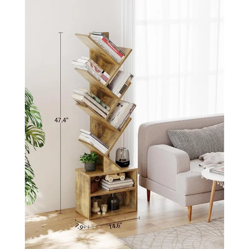 6 Tier Tree Bookshelf, Small Bookcase with Storage Cabinet, Modern Tall Narrow Bookshelves Organizer, Floor Standing Book Shelf