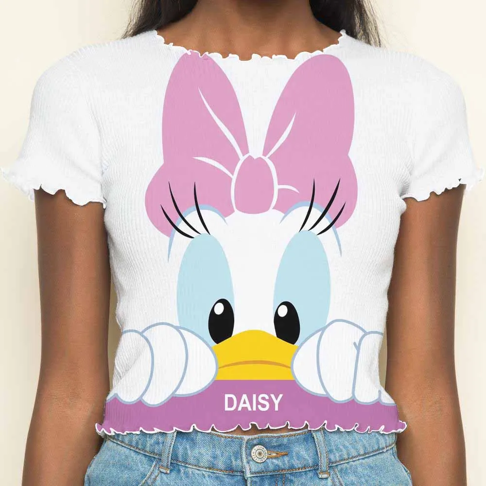 Disney Crop Top T-shirts Lettuce Trim Tops Sexys Summer Clothes Women 2024 Short Sleeve T-shirt Woman Clothing Donald Duck Tees