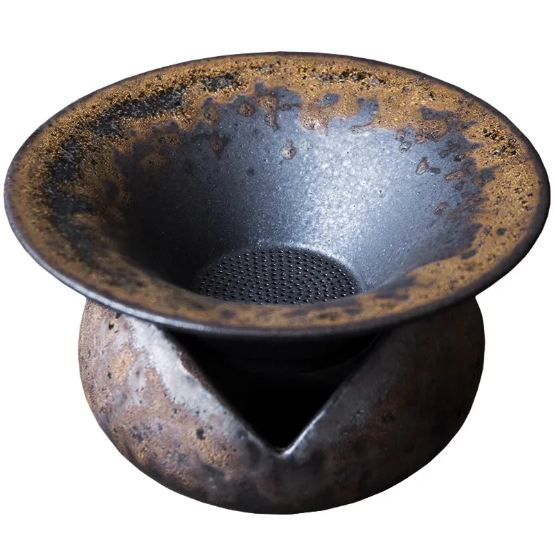 Japanese Handmade Tea Strainer, Antique Zen Style, Rough Pottery Filter, Gilded Ceramic Large Ceremony