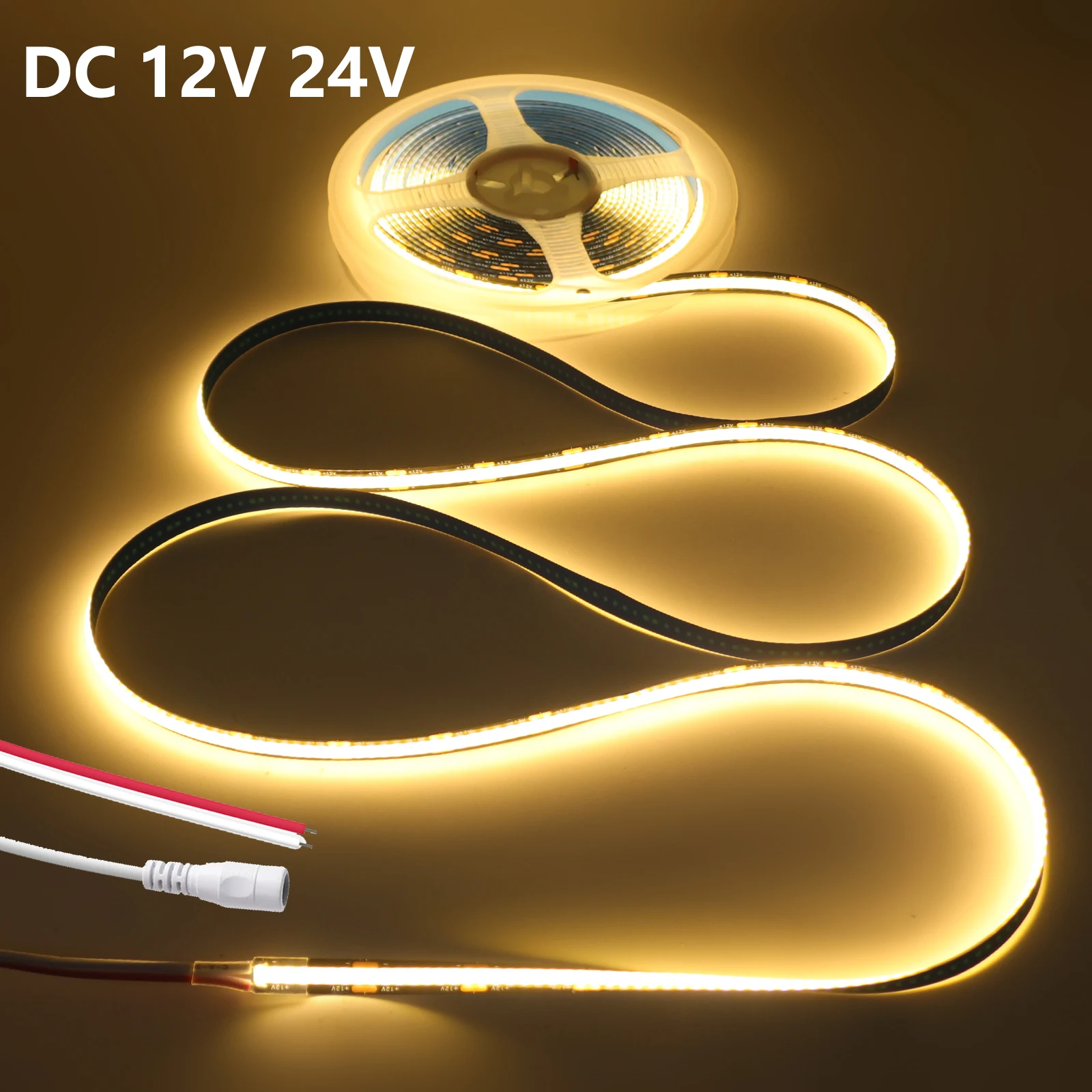 COB LED Strip 12V 24V RA90 High Density 320LEDs/m Flexible Tape 8mm Black PCB Soft Light Bar Warm Natural White for Home Decor