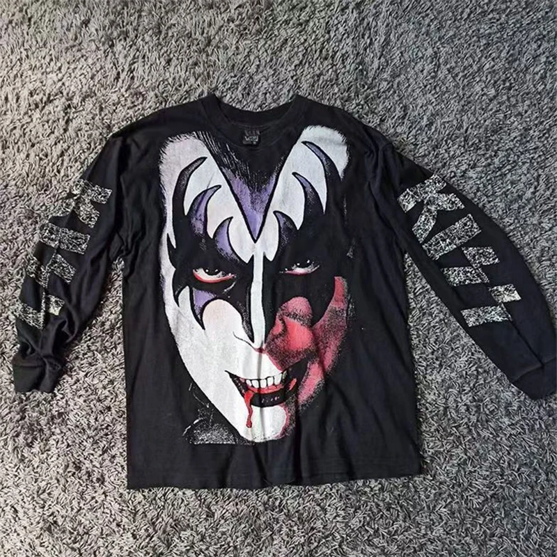 

Y2k Gothic Punk Retro Letter Striped Fashion Black Long-sleeved Men American Harajuku Street Hip-hop Casual Loose Top Women